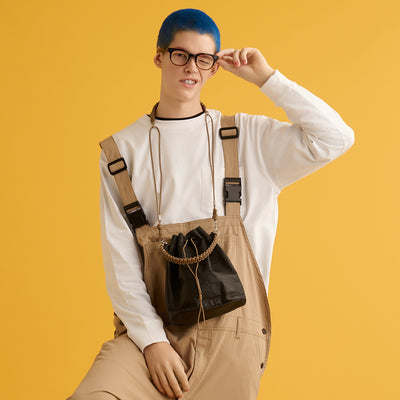 超輕量Dyneema皮革 抽繩兩用包/黑色X駱駝色