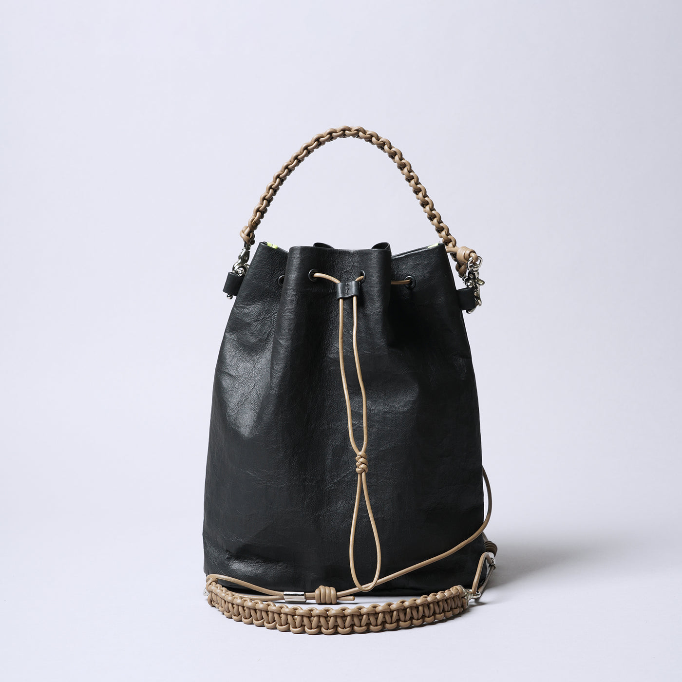 <SENTI FLATTER THE SENSES> Super Lightweight Dyneema Leather Drawstring 2 Way Bag / Black